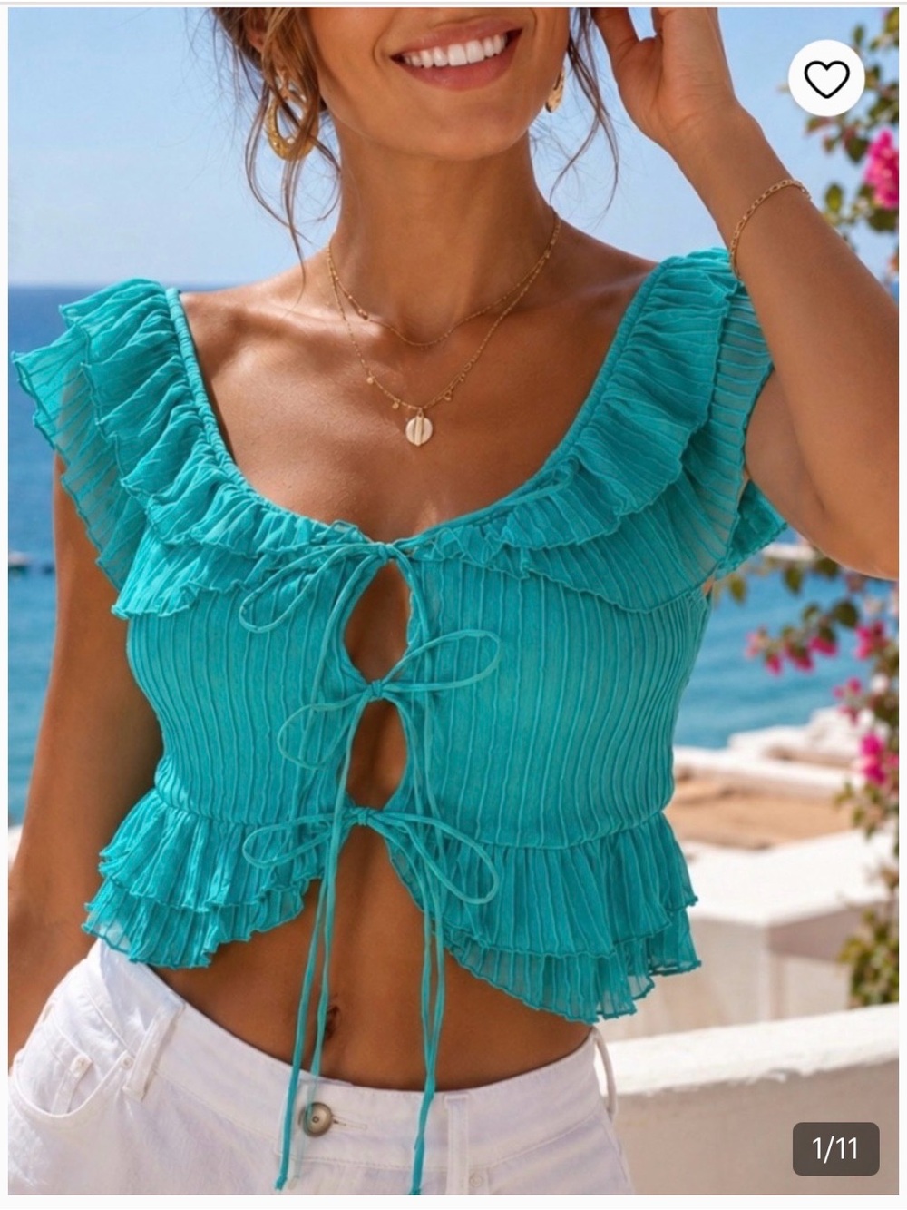 Zara Teal Ruffled Off-Shoulder Crop Top